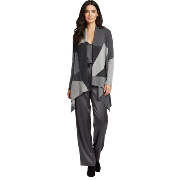 Saffron Cashmere Cardigan Open Color Block Graphic Sweater Knit Lightweight S - Picture 1 of 16